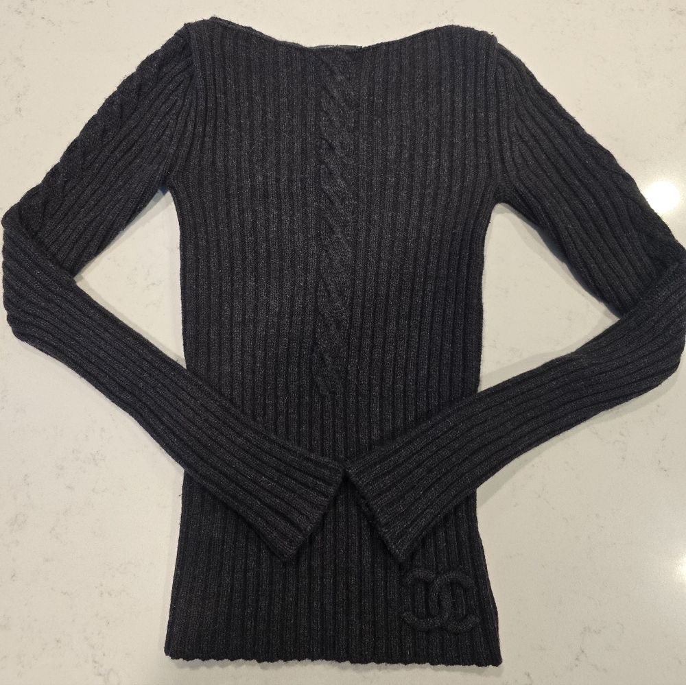 Authentic Chanel Cable Cashmere Wool Boatneck Sweater CC Logo 34 Extra Small